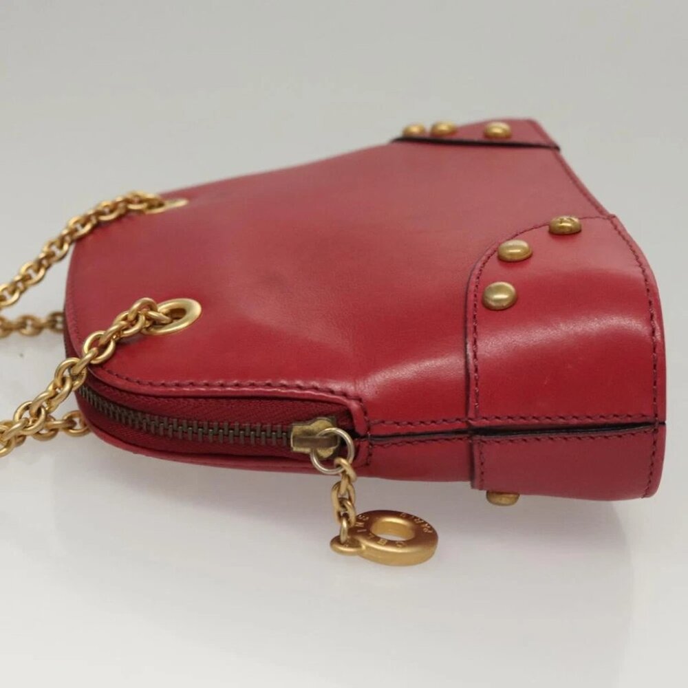CELINE Chain Shoulder Bag Leather Red Gold Auth 118372 - Picture 6 of 16